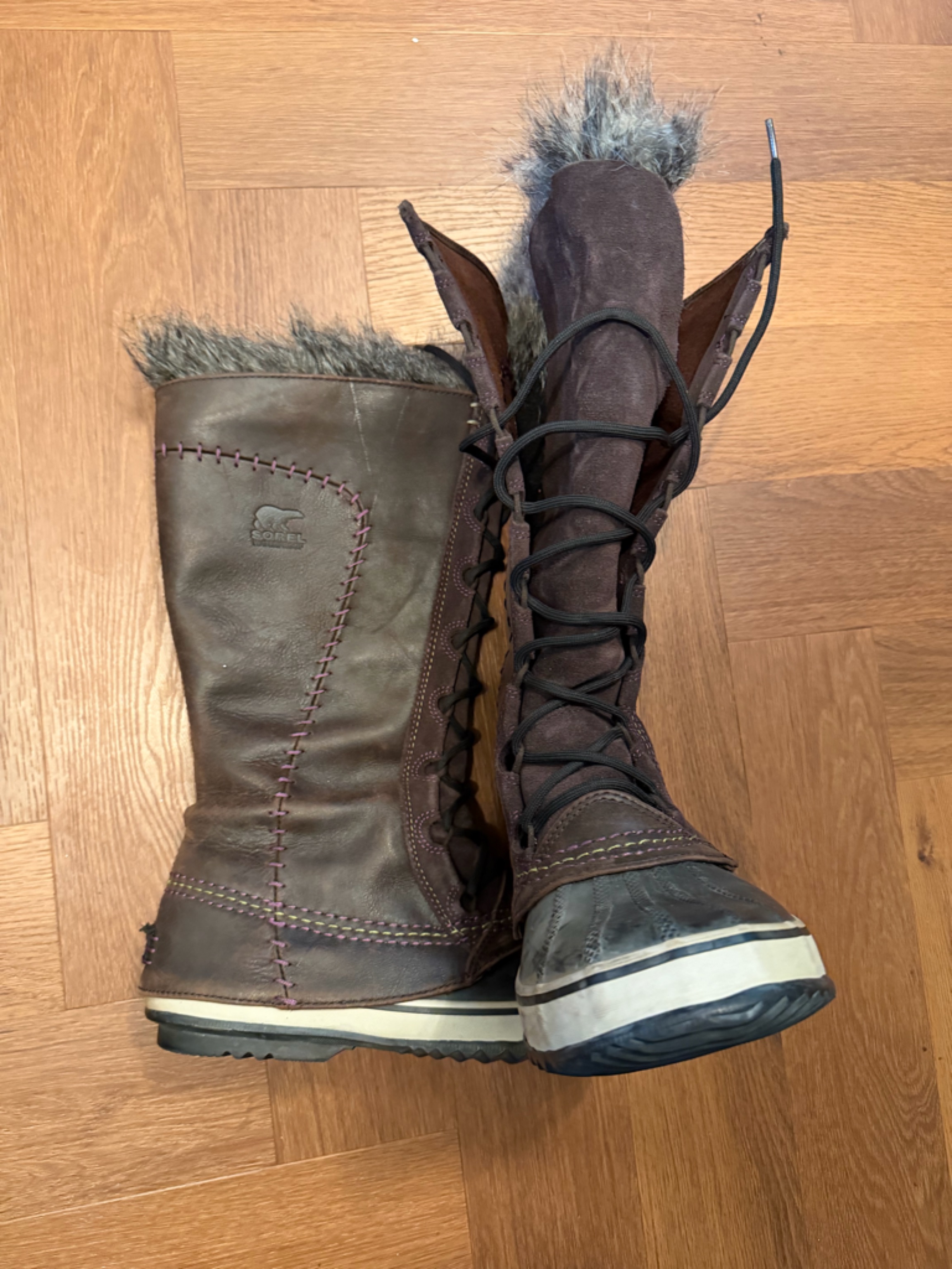 Sorel Waterproof Tall Winter Boots 10 Brown Leather Faux Fur Lace Up Snow Boots